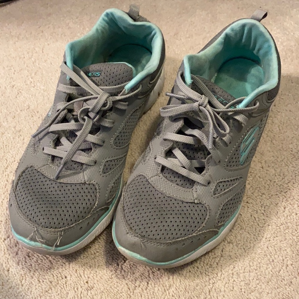Skechers gray and mint green sneakers. Sz 8.5